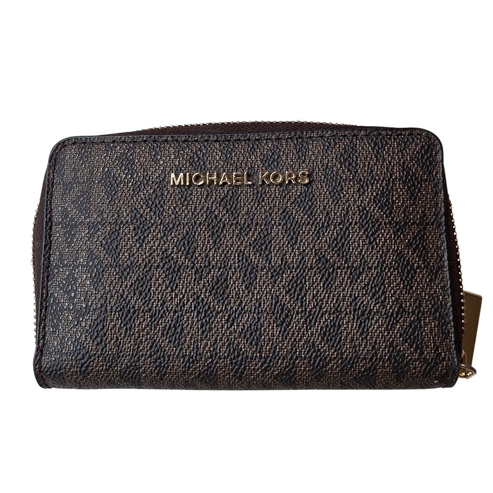 Michael Kors Brown Monogram Small Zip Around Wallet Coin Purse Gold Hardware W1
